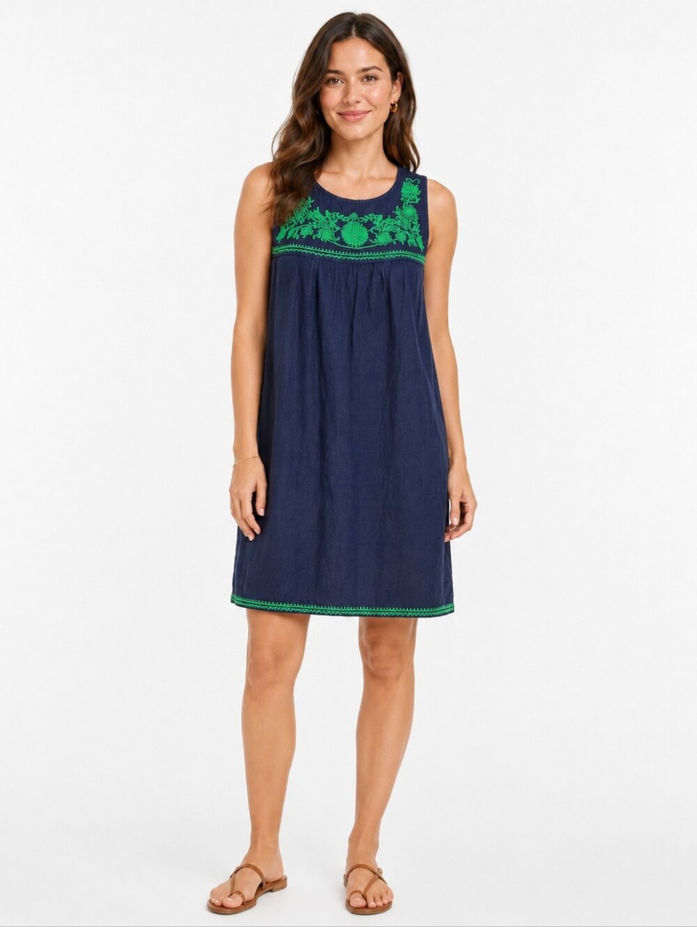 J.Crew Women’s Size XS Navy Blue Green Embroidered Sleeveless Shift Dress